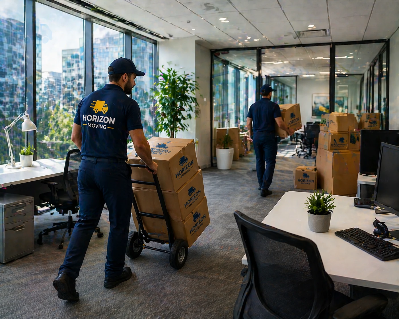 Horizon Moving crew assembling office furniture during commercial relocation Fort McMurray